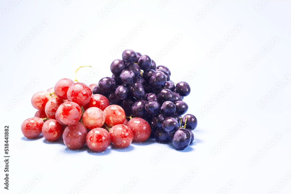Freshly washed branches of black and red grapes on a light background of the mine space.