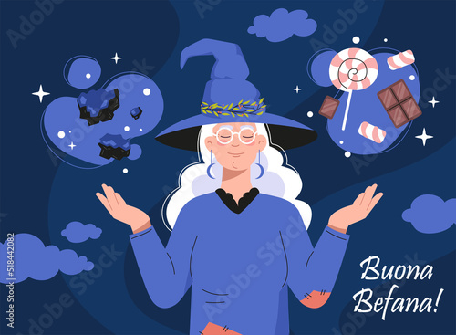 Buona befana poster. Traditional italian fictional characters. Culture and ethnicity. Magic and witchcraft, witch with sweets. Winter holidays, New Year and Christmas. Cartoon flat vector illustration