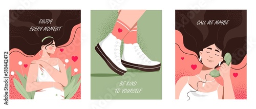 Celebration inspirational card set. Collection of stylish graphic elements for website. Care and love for yourself, enjoy moment. Cartoon flat vector illustrations isolated on white background