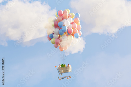 Inflation and rising food prices concept. Cart  lifted by balloons. photo