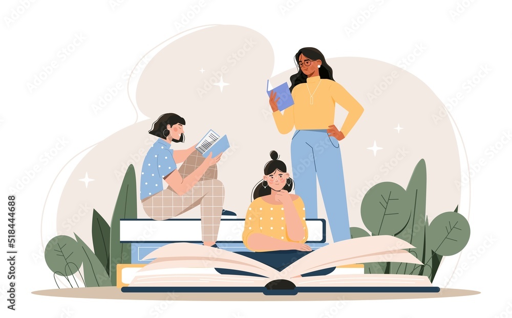 World book day. Women read, useful hobby. Love for literature, poems and  stories. Students preparing for test or exam. Metaphor of distance learning  and education. Cartoon flat vector illustration Stock Vector |