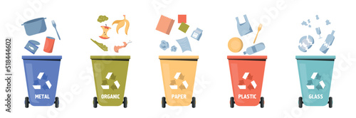 Waste sorting set. Collection of colorful containers for organic, metal, plastic, paper and glass. Caring for nature and environment. Cartoon flat vector illustrations isolated on white background