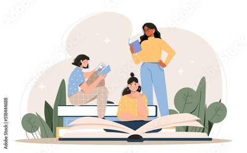 World book day. Women read, useful hobby. Love for literature, poems and stories. Students preparing for test or exam. Metaphor of distance learning and education. Cartoon flat vector illustration