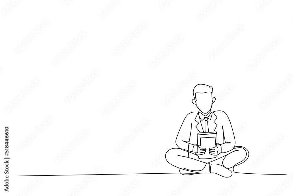 Drawing of worker meditating in lotus pose on the floor in the office. Single line art style Drawing of worker meditating in lotus pose on the floor in the office. Single line art style