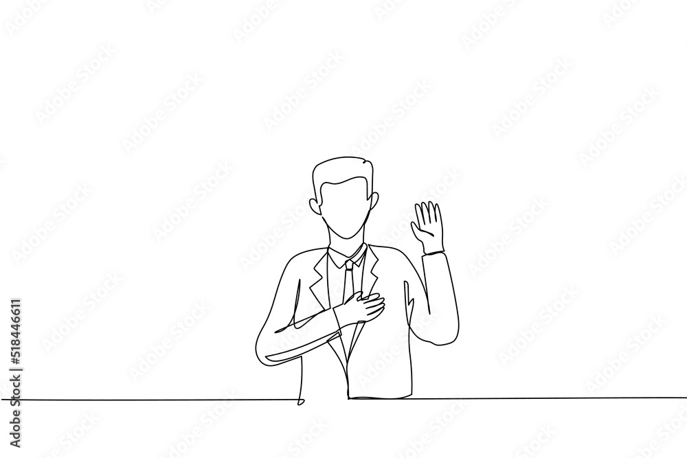 Cartoon of good-looking asian worker making promise, pledge give oath, raise one hand and put palm on hear as being honest and sincere. Single continuous line art style - obrazy, fototapety, plakaty 