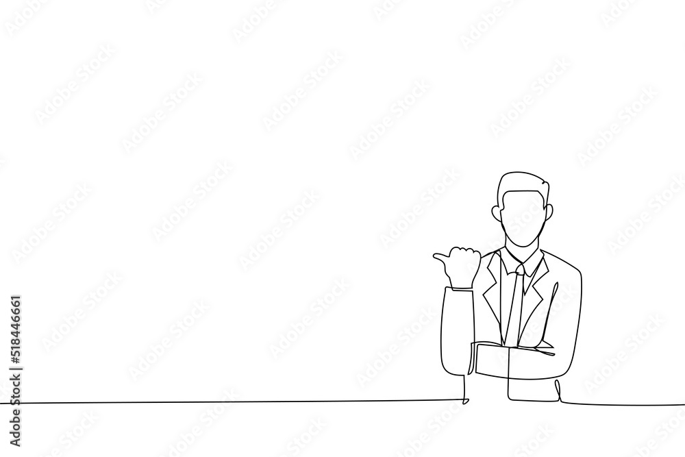 Drawing of Excited businessman presenting copy space. Single line art style Drawing of Excited businessman presenting copy space. Single line art style