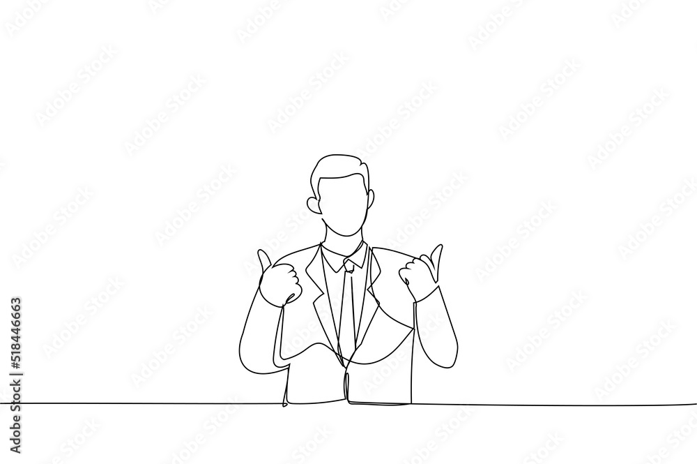 Cartoon of businessman dressed in suit showing thumbs up gesture. Continuous line art Cartoon of businessman dressed in suit showing thumbs up gesture. Continuous line art