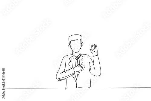 Cartoon of good-looking asian worker making promise, pledge give oath, raise one hand and put palm on hear as being honest and sincere. Single continuous line art style photo
