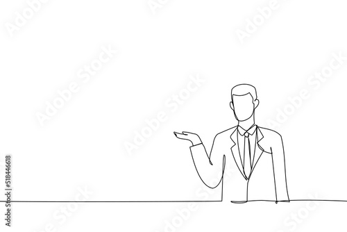 Drawing of young man holding copyspace imaginary on the palm to insert an ad. Single line art style