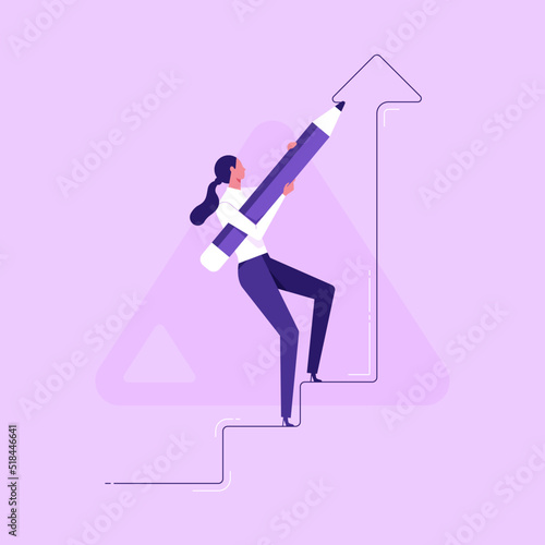 Business development successful, strategy to reach business target or career path achievement concept, businesswoman use huge pencil to draw rising up staircase and walk climbing up ladder