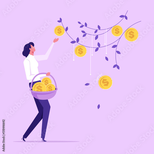 People picking and collecting coins from a money tree, Concept of business success with financial grow, economic profit, increase wealth