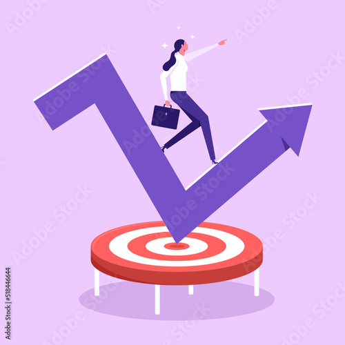 Woman on arrow graph chart jump on the trampoline and bounce up, Success business, Concept inspiration business