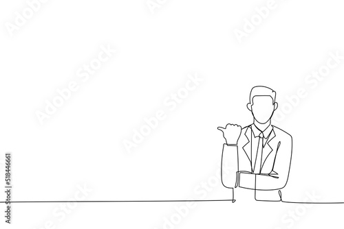 Drawing of Excited businessman presenting copy space. Single line art style