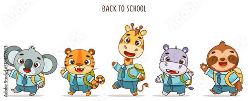 Set of kids kawaii tropical animals go to school. Vector illustration for designs, prints, patterns. Isolated on white background © EnyaLis
