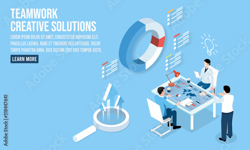 3D isometric Teamwork Creative solutions concept with people working or study on laptops for business startup, freelancers, shared workplace. Vector illustration eps10