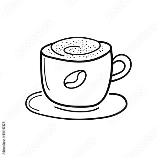 Coffee capuccino with cinnamon in white porcelan cup. Doodle sketch style hand drawn vector illustration in engraved style. For menu, bar, coffee shop, cafe, restaurant, banner.