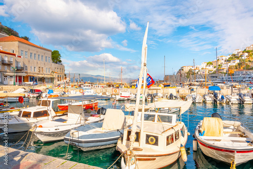 The colorful harbor full with boats at the port and village of Hydra, Greece, one of the Saronic islands in the Saronic gulf off of mainland Greece. 