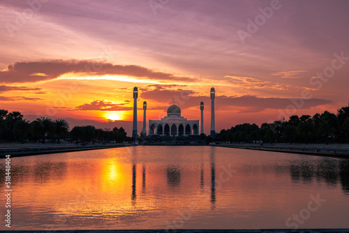 Landscape of beautiful sunset sky at Central Mosque in Songkhla province, Southern of Thailand. 