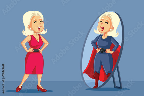 Woman Looking in the Mirror Seeing a Superhero Vector Cartoon. Cool blonde girl checking her image with self confidence 
