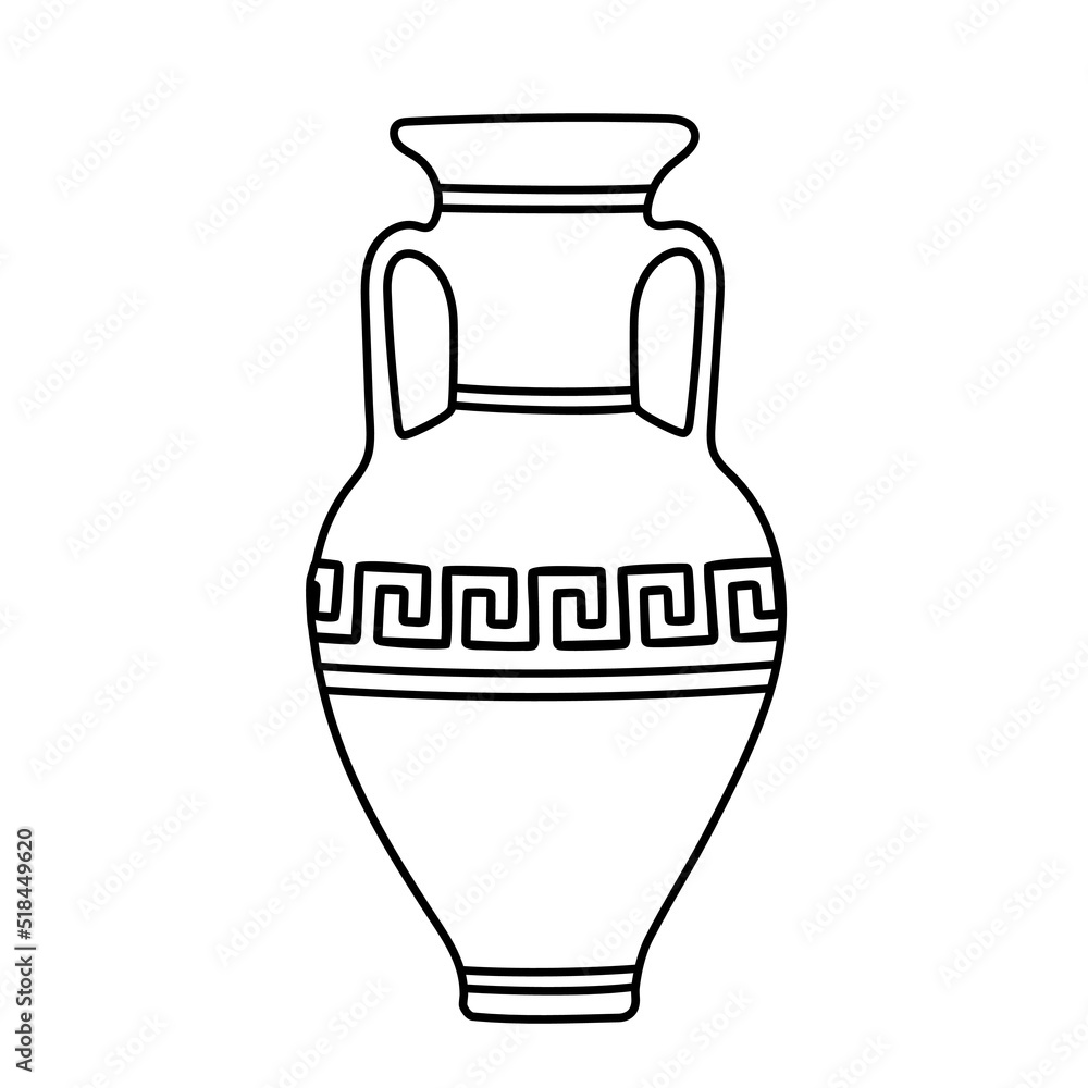 Vector illustration of a clay jug with greek ornament in the doodle style isolated on a white background.
