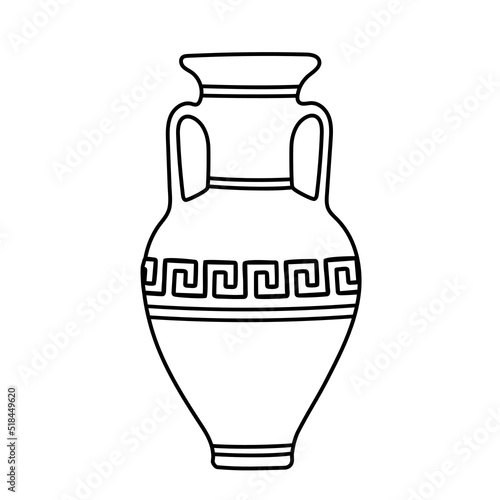 Vector illustration of a clay jug with greek ornament in the doodle style isolated on a white background.