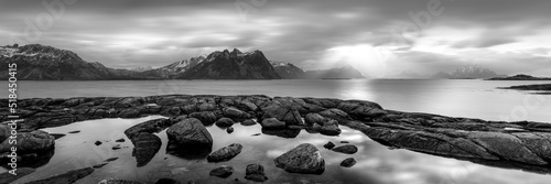 Vestvagoya island coast lofoten islands black and white photo