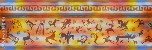 Ethnic border on the theme of rock paintings, vector design. Seamless pattern, banner.