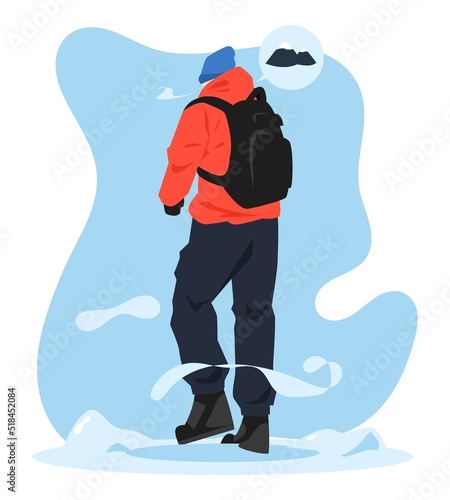 back view illustration of man in full suit climbing a snowy mountain. snow mountain icon. climbing concept, hobby, snow season. flat vector style