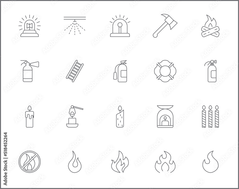 Simple Set of fire Related Vector Line Icons. Contains such Icons as candle, disaster, fireplace, firefighter, hydrant, safety, light symbols and more. Simple Set of fire Related Vector Line Icons. Contains such Icons as candle, disaster, fireplace, firefighter, hydrant, safety, light symbols and more.