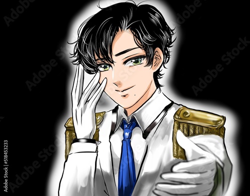 Plakat W Ramie イケメン黒髪パーマで白い王子様風タキシードを着たアイドルがファンに手を差し伸べる妄想漫画風カラーイラストと黒背景 Mezczyzna Idol Spiewak Fototapety Foteks