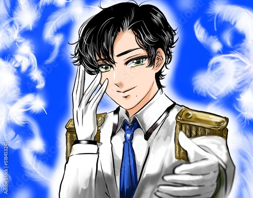 Plakat W Ramie イケメン黒髪パーマで白い王子様風タキシードを着たアイドルがファンに手を差し伸べる妄想漫画風カラーイラストと白い羽が舞う背景 Mezczyzna Idol Spiewak Fototapety Foteks