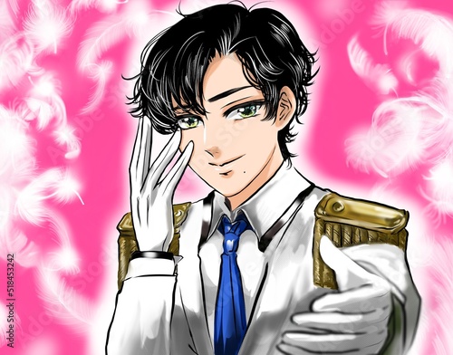 Plakat W Ramie イケメン黒髪パーマで白い王子様風タキシードを着たアイドルがファンに手を差し伸べる妄想漫画風カラーイラストと白い羽が舞う背景 Mezczyzna Idol Spiewak Fototapety Foteks