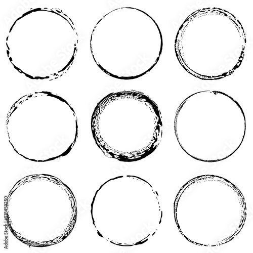 Round painted frame border set of circular brush strokes, stamps. Hand painted circle blot, ring frame collection with ink stamp texture. Grunge vector. 