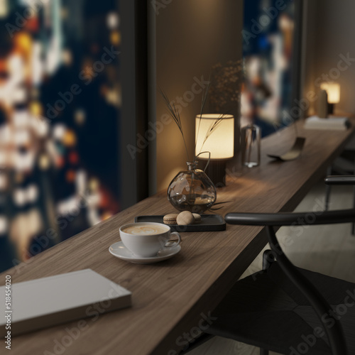 Cafe interior with window coffee table and night city view with lights