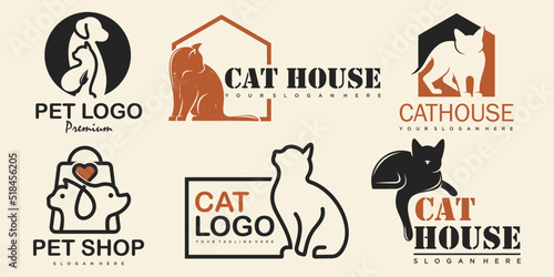 Pet logo design with using dog and cat icon vector template