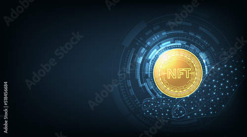 Non fungible token coin on dark background.NFT coin design in circuit board style for pay unique collectibles in games.Crypto currency concept. Vector Illustration.