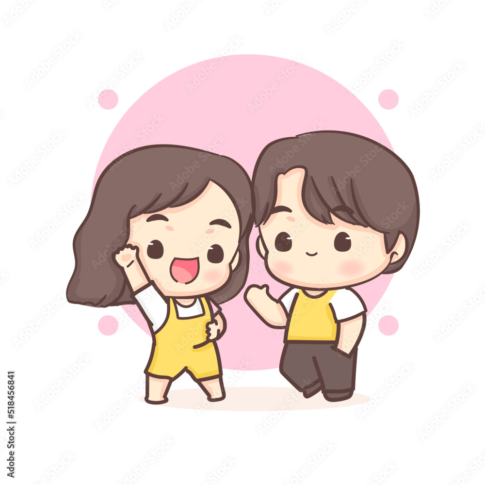 Cute lovers couple greeting pose. Happy valentine chibi cartoon character. Cute lovers couple greeting pose. Happy valentine chibi cartoon character.