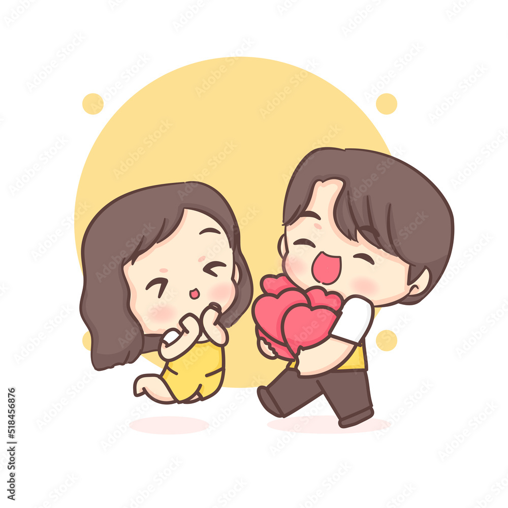 Cute boy gives his heart to his girlfriend. Happy valentine chibi couple cartoon character. Cute boy gives his heart to his girlfriend. Happy valentine chibi couple cartoon character.