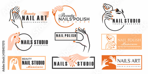 Nail beauty icon set logo design with creative element style for fashion Premium Vector