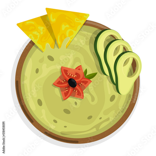 Bowl of spicy mexican guacamole sauce. Spicy chips, appetizer for main course, top view. Cartoon vector isolated on white background