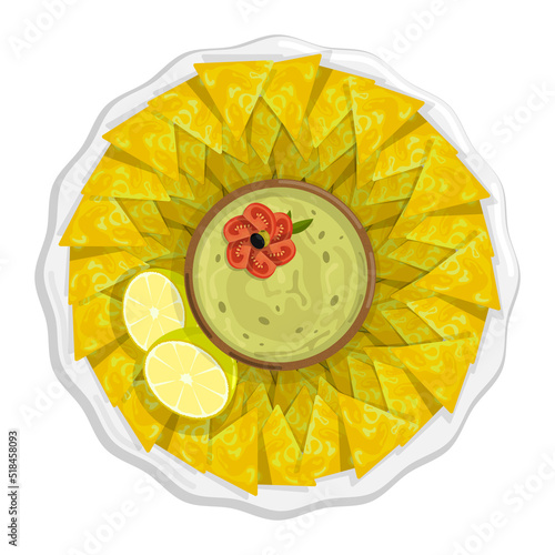 Plate with corn chips and spicy mexican guacamole sauce. Spicy triangular chips, top view. Cartoon vector isolated on white background