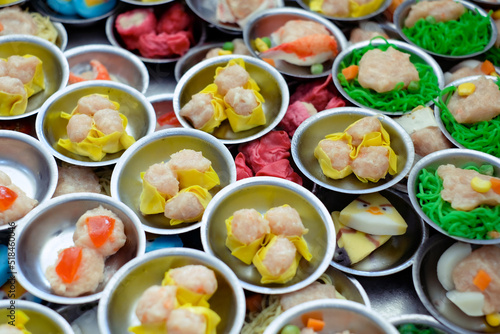 Chinese food  dim sum  on self service busket tray background. Tradition Dimsum is local food in Songkhla  South of Thailand. 