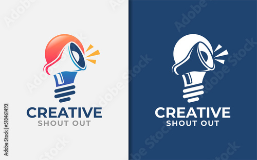 Creative Shout Out Logo Design with Abstract Light bulb and Megaphone Symbol Combination Concept.