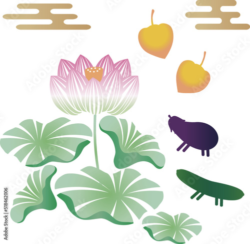 お盆　おぼん　シルエット　切絵　飾り　蓮　花　夏　7月　8月　和柄　シンプル　イラスト素材セット