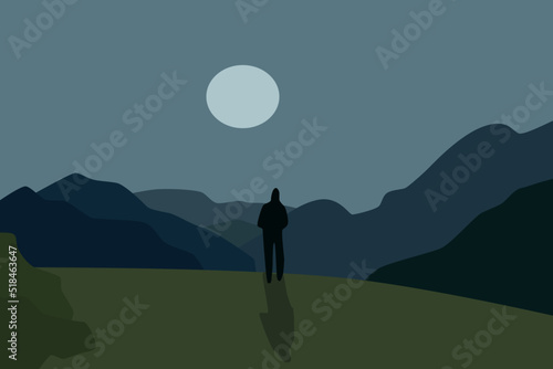 Mountains. The silhouette of a man in the dark. Evening twilight. Vector flat illustration.