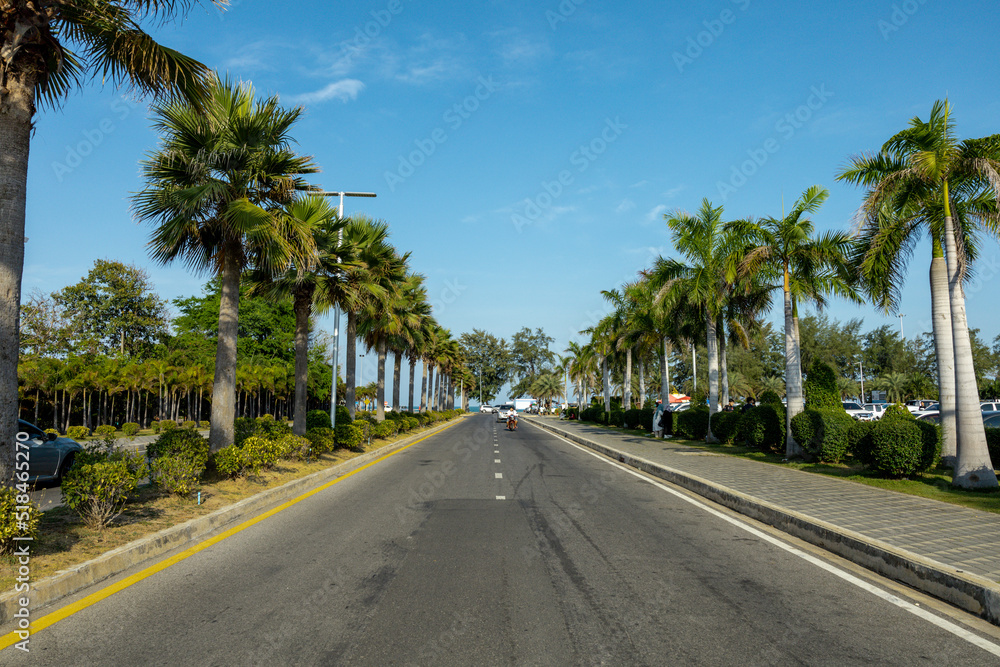 Miami Beach close to chalatat beach at Songkhla park, Thailand. Beautiful classic landmark of  Songkhla with coconut plam tree and road path.