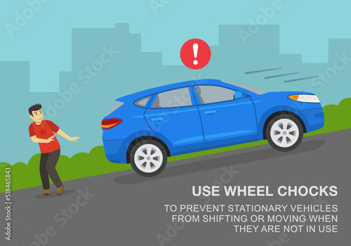 Fototapeta Naklejka Na Ścianę i Meble -  Safe driving rules and tips. Use wheel chocks to prevent vehicles from shifting or moving when they are no in use. Male character scared of suv rolling back. Flat vector illustration.