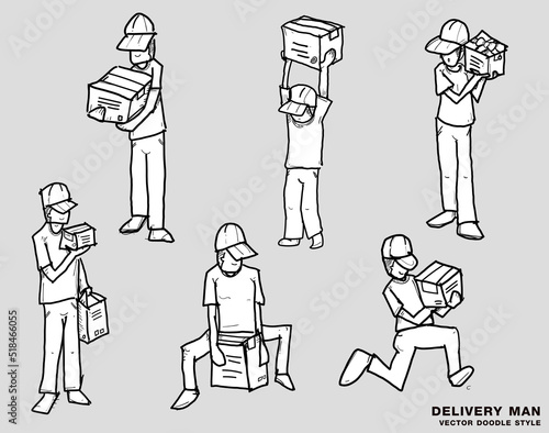 Hand drawn doodle line art illustration. delivery man doodle style vector., set of delivery man vector.,flat simple style.