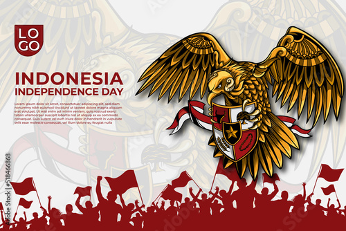 Indonesia independence day template background with Garuda art animation and euphoria people