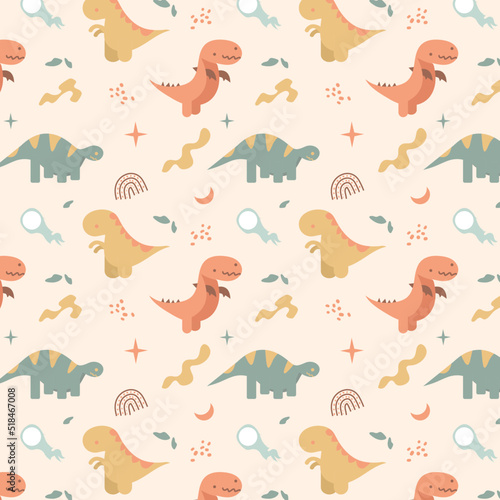 Childish Cute Dino Digital Paper Seamless Background with Retro Style